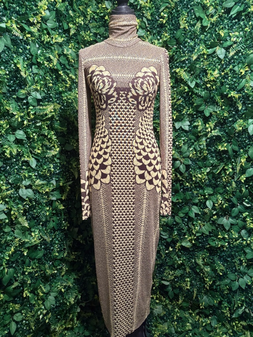 AFRM Long Sleeve Turtleneck Knit Dress in Beige and Brown